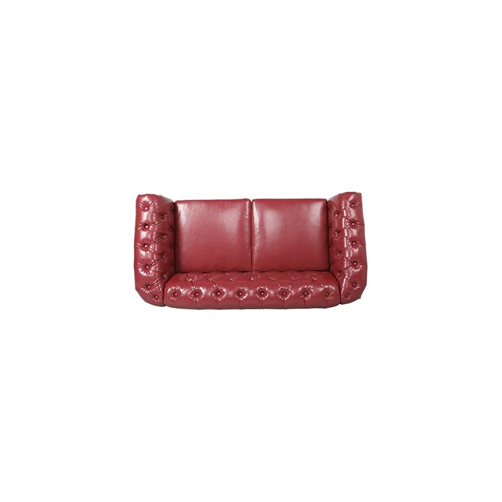 Traditional Chesterfield PU Loveseat Sofa, Modern Vintage Chesterfield Button Tufted Faux Leather Couch with Nailhead Trim Scrolled Arms for Living Room Bedroom Office(Burgundy)