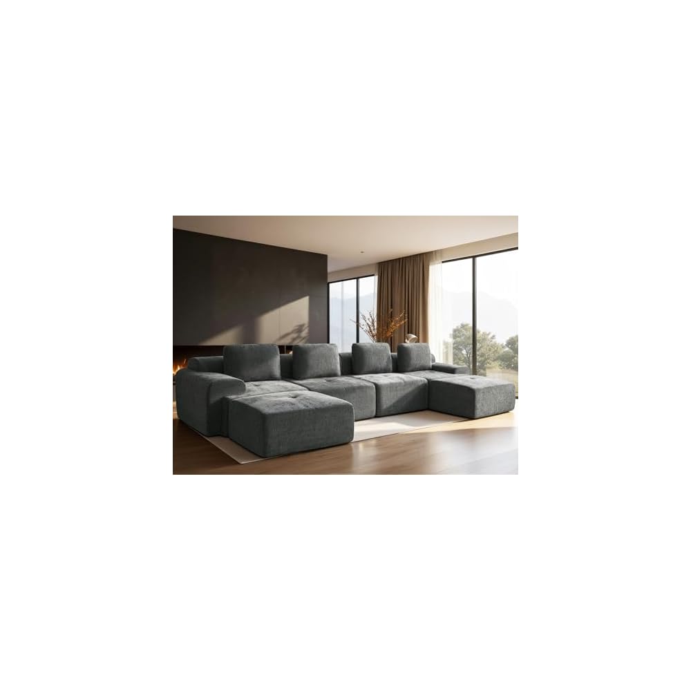 159" U-Shaped Modular Sectional Sofa, Oversized Boneless Cloud Couch for Living Room with Extra Deep Seat & High Back, Tool-Free No Assembly, Soft Chenille (Dark Grey, 159 inch-U Shaped（4+2）)