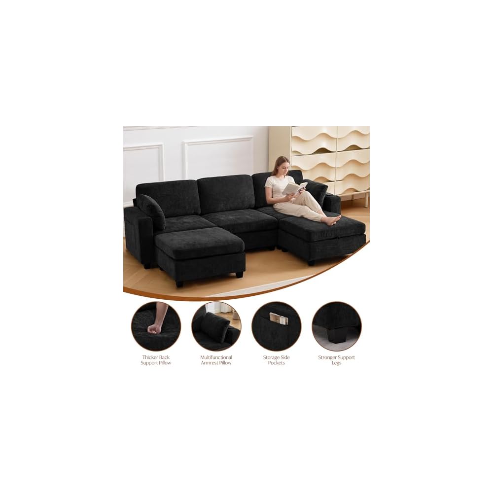 106" Modular Sectional Sofa with Storage, Convertible U Shaped Couch with Movable Ottoman, 5 Seat Modern Chenille Sectional Sofa for Living Room (Black, 106'')