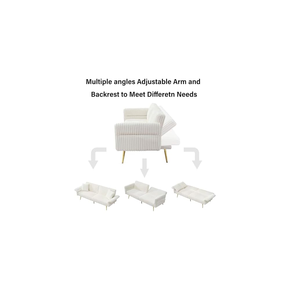 73" Convertible Futon Sofa Bed,Comfy Teddy Fabric Sleeper Couch with 3 Reclining Backrests,Golden Chrome Legs,Modern Cloud Sofa Loveseat for Small Living Room Office (White-Corduroy)