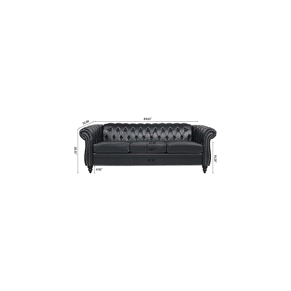 84" Chesterfield Leather Sofa with Channel Tufted Seat Back,Classic 3 Seater Couch w/Roll Arm Nailhead Trim and Upholstered,Mid Century Furniture for Living Room,Bedroom,Office,Black PU