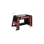 Gaming Loft Bed with Desk and Lights, Full Loft Bed with Storage Shelves and Work Station, Wood Loft Bed Frame for Kids, Boys, Girls, Teens, No Spring Box Needed & Dedicated Style, Red