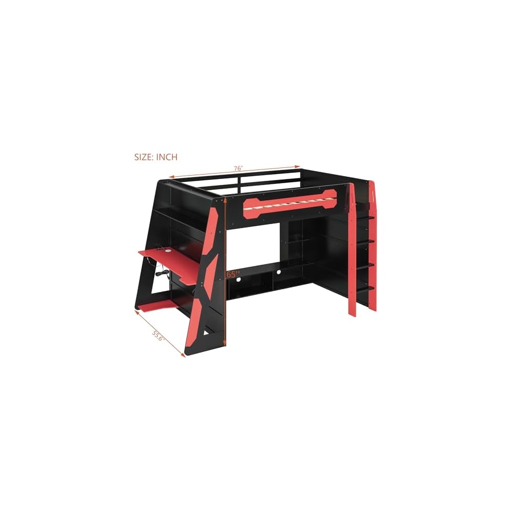 Gaming Loft Bed with Desk and Lights, Full Loft Bed with Storage Shelves and Work Station, Wood Loft Bed Frame for Kids, Boys, Girls, Teens, No Spring Box Needed & Dedicated Style, Red