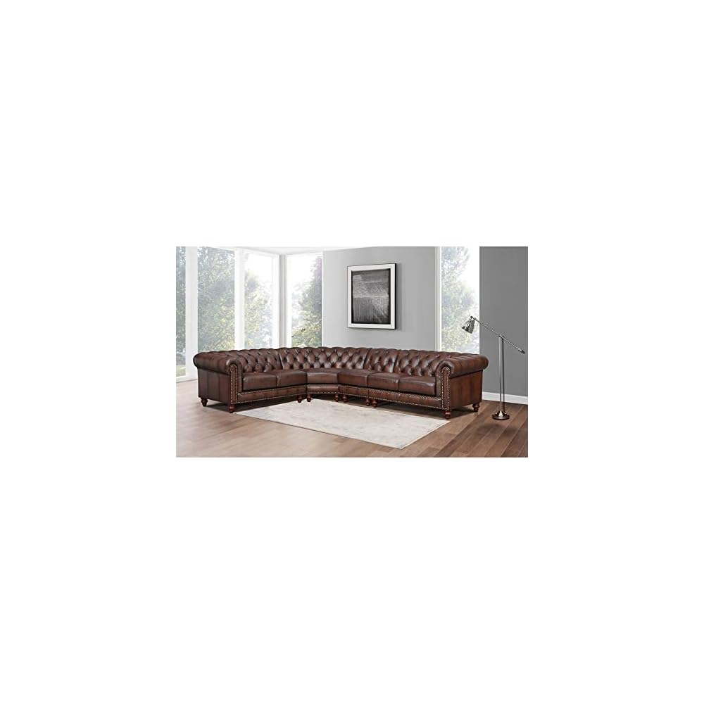 Alton Bay Top Grain Leather L-Piece Sectional, Caramel Brown, Feather Down, Memory Foam and Springs Seating