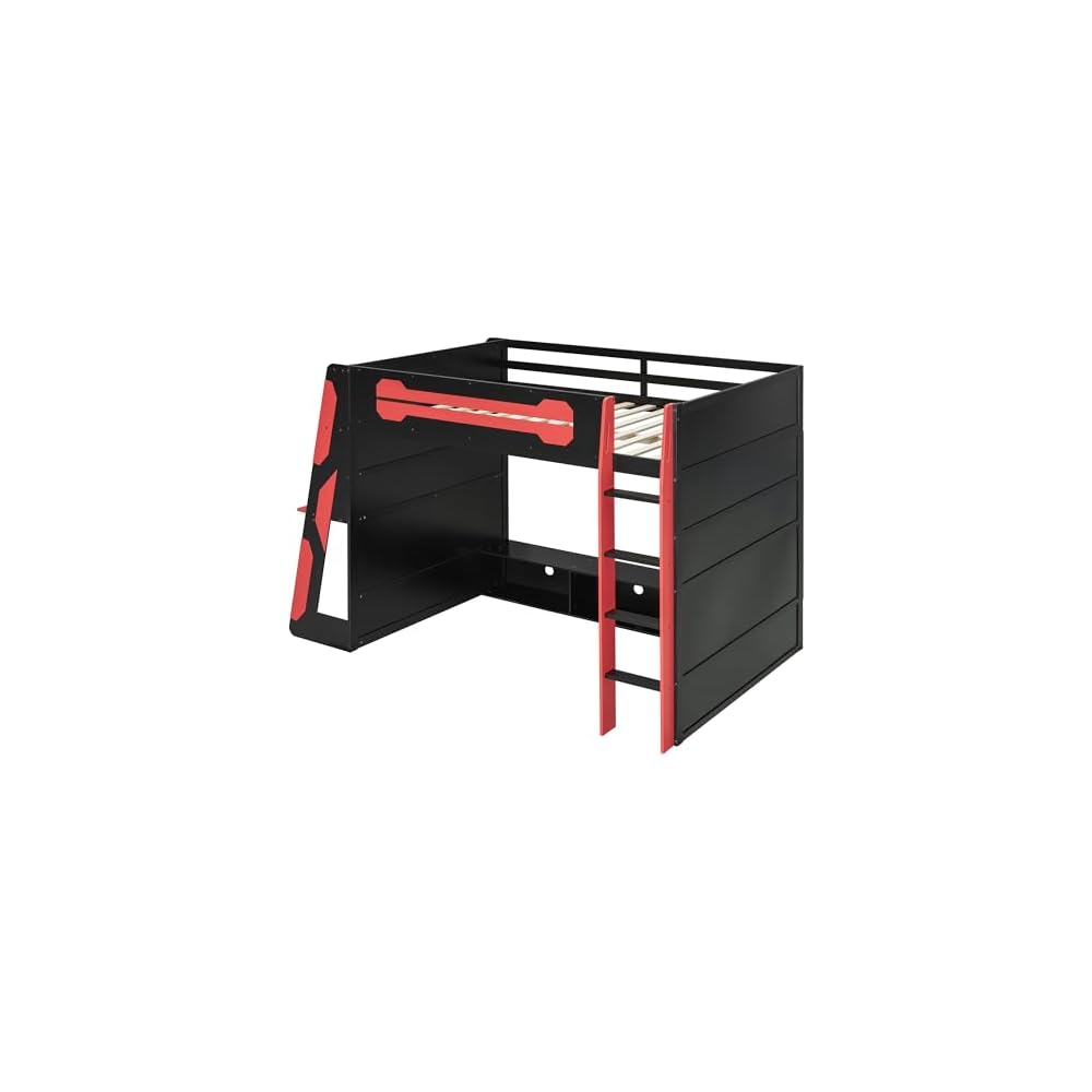 Gaming Loft Bed with Desk and Lights, Full Loft Bed with Storage Shelves and Work Station, Wood Loft Bed Frame for Kids, Boys, Girls, Teens, No Spring Box Needed & Dedicated Style, Red