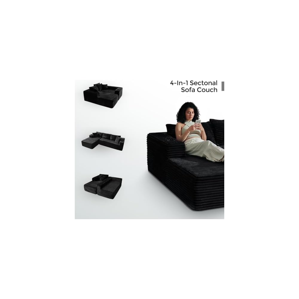 106" L Shaped Cloud Sectional Couch with Chaise, Corduroy Boneless Couch with Wide Armrests and Cup Holders for Living Room Bedroom, No Assembly Required (Black)
