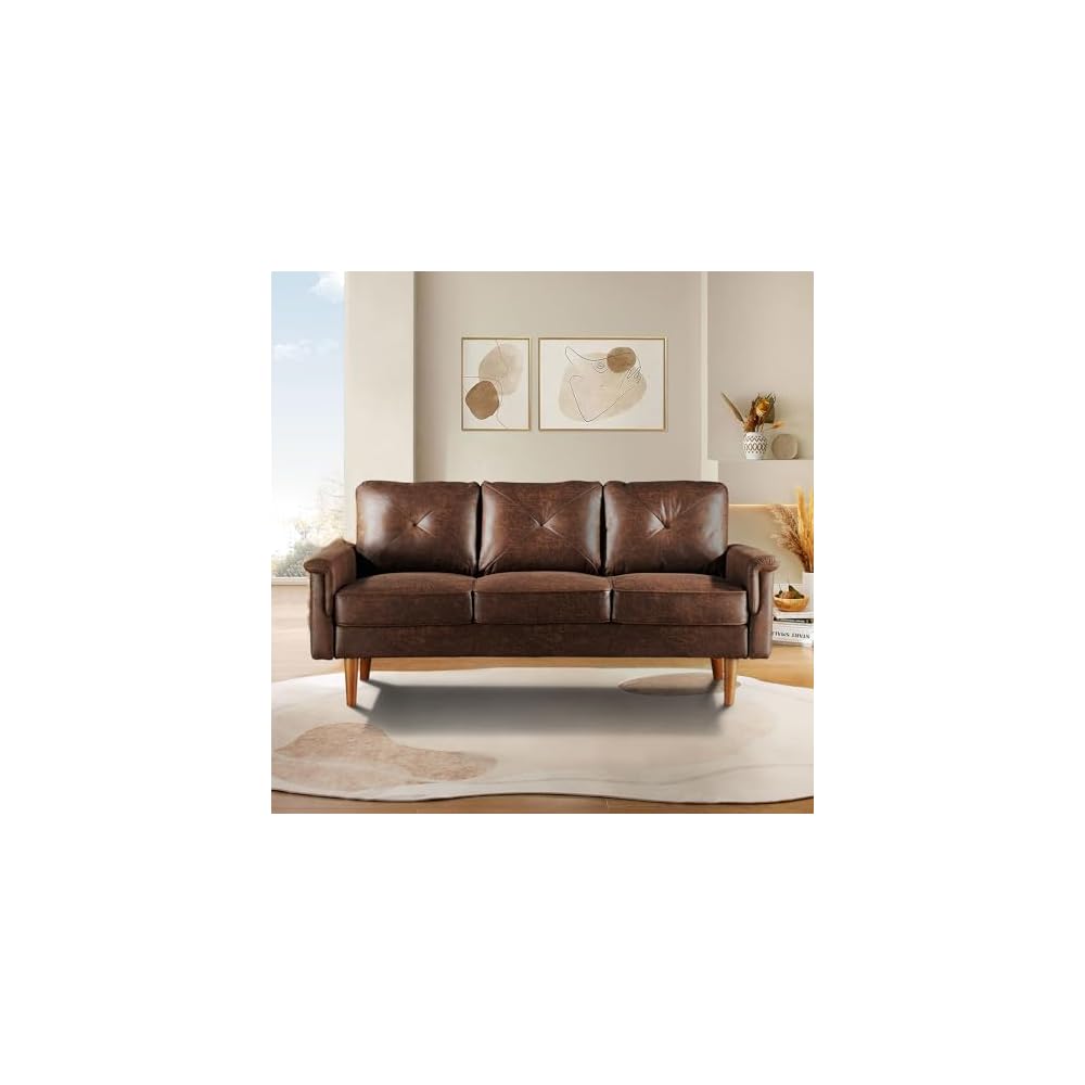 72" Faux Leather Couch Small Sofa Living Room Couch 3 Seater Sofa Modern with Button Tufted Back Cushioned Square Arm for Small Bedroom Apartment,Dark Brown