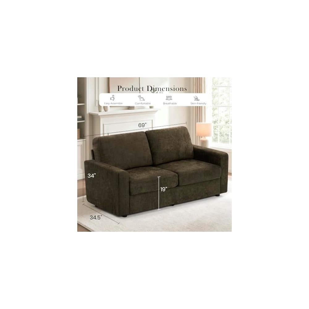 2 Pieces Chenille Sofa Sets w/Comfortable Back Cushions, Brown