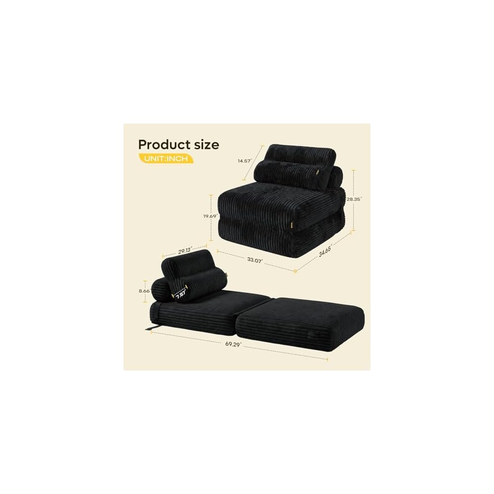 Boneless Folding Sofa Bed, Convertible Sleeper Chair, Black