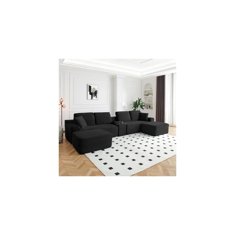Oversized Modular Sectional Couch, Corduroy Deep Seat Cloud U-Shaped Couch with Cup Holders, USB Port & Storage Box, Upholstered Floor Memory Foam Boneless Sofa for Living Room, Bedroom(125"W, Black)