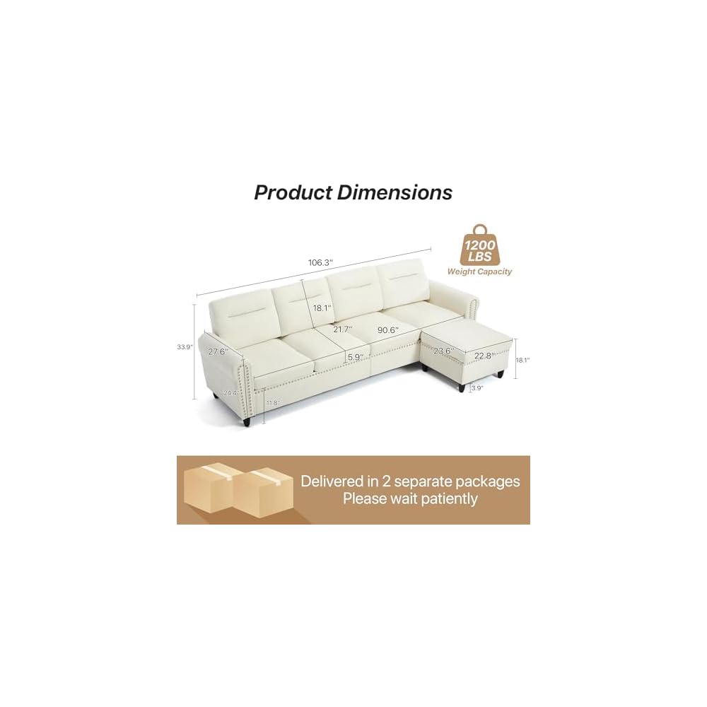 106" L-Shaped Modular Sectional Sofa, 4-Seater, Movable Ottoman, Beige