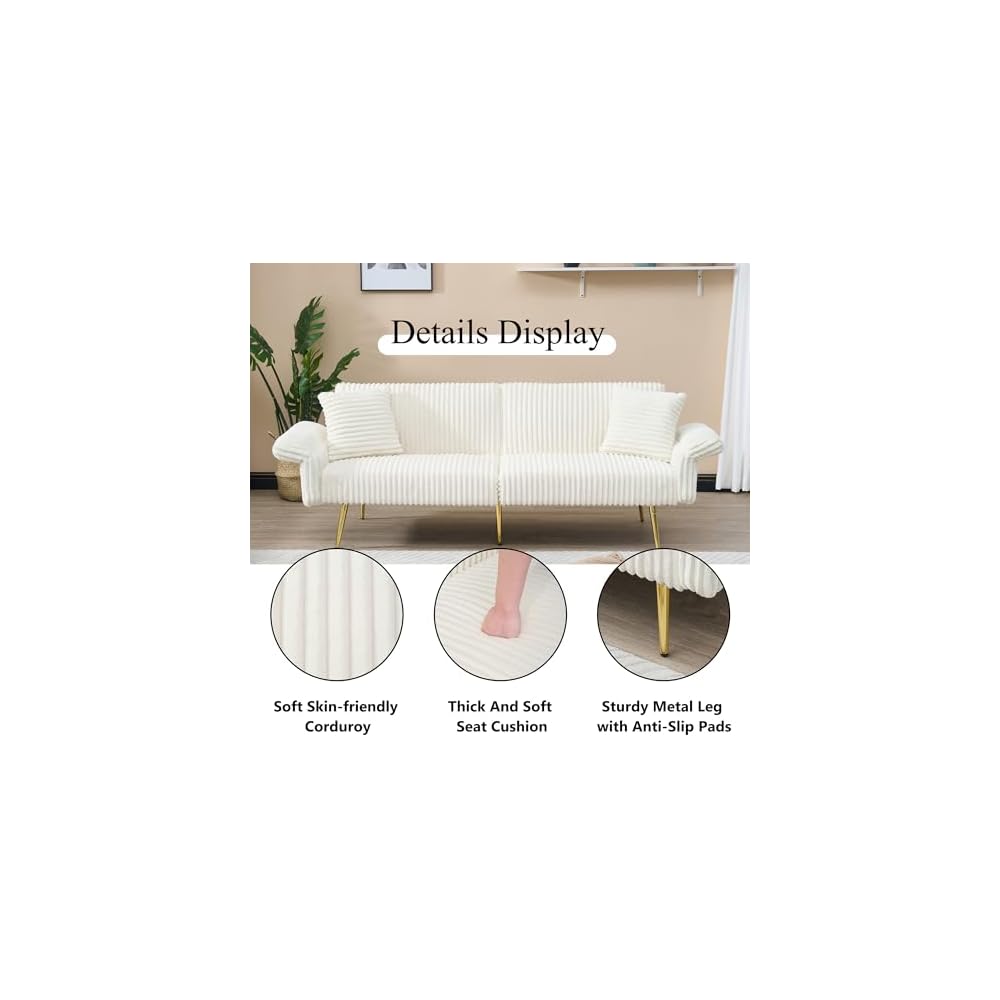 73" Convertible Futon Sofa Bed,Comfy Teddy Fabric Sleeper Couch with 3 Reclining Backrests,Golden Chrome Legs,Modern Cloud Sofa Loveseat for Small Living Room Office (White-Corduroy)
