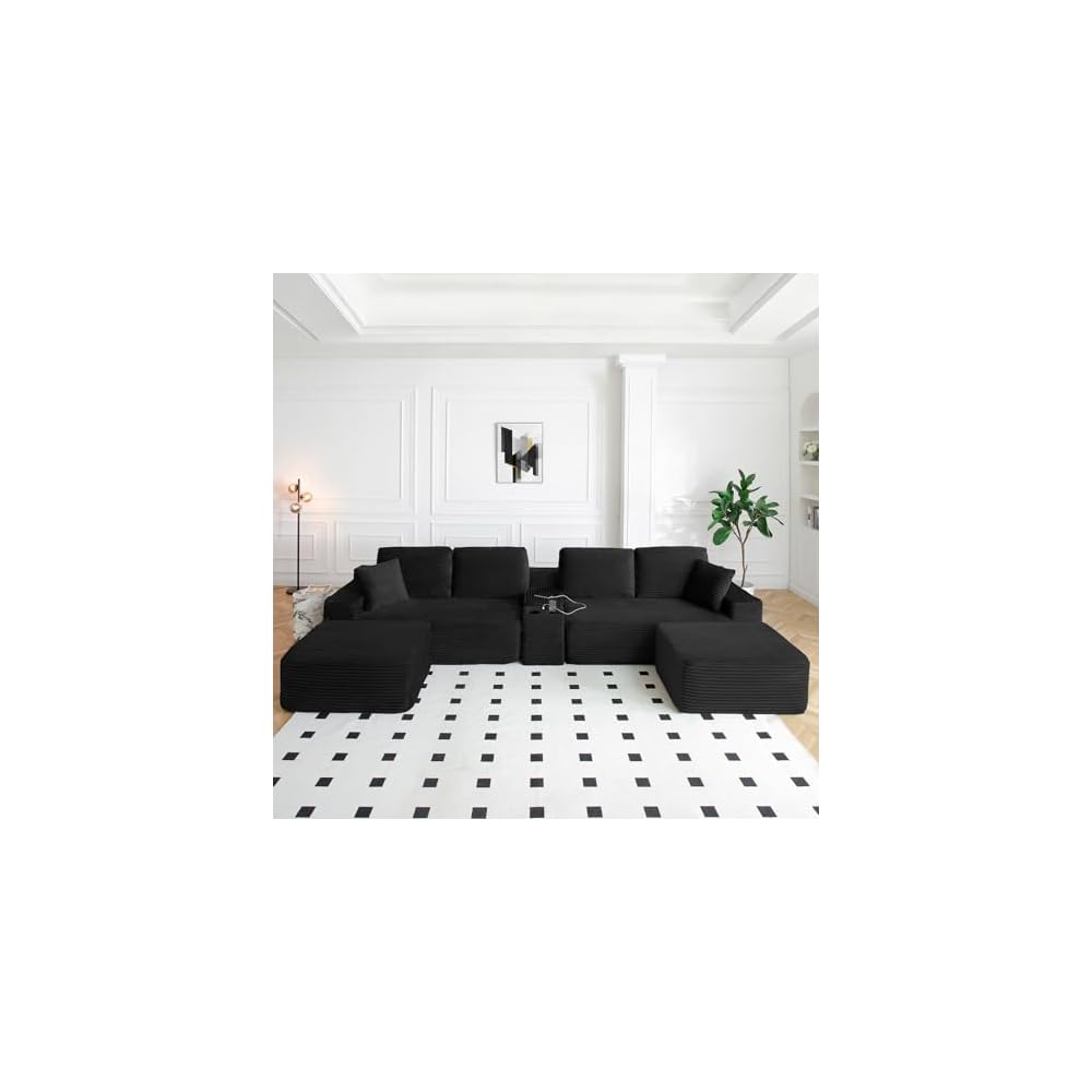 Oversized Modular Sectional Couch, Corduroy Deep Seat Cloud U-Shaped Couch with Cup Holders, USB Port & Storage Box, Upholstered Floor Memory Foam Boneless Sofa for Living Room, Bedroom(125"W, Black)