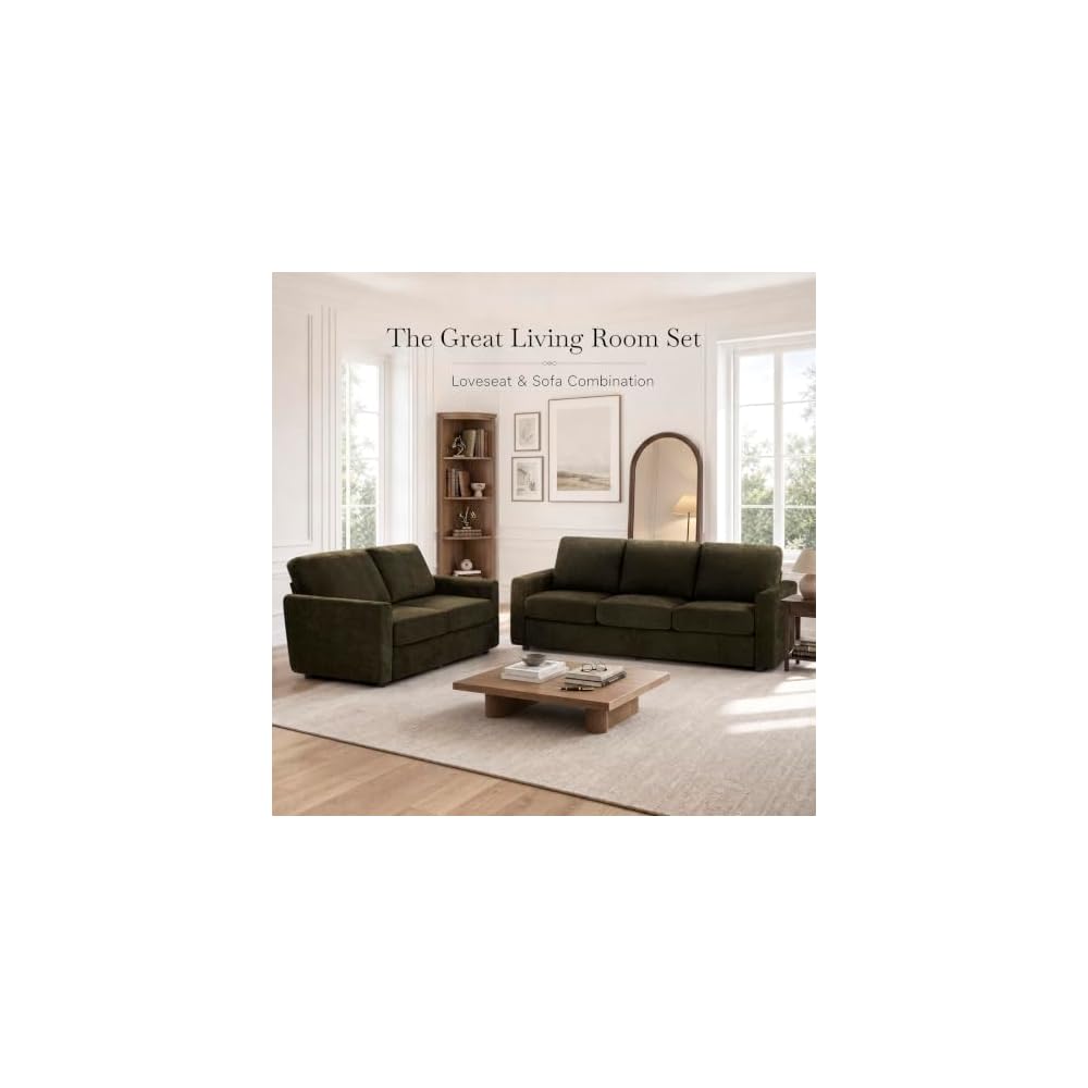 2 Pieces Chenille Sofa Sets w/Comfortable Back Cushions, Brown