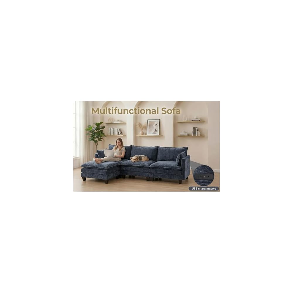 110.4" L Shaped Modular Sectional Couch with USB, Comfy Chenille Upholstered Cloud Couches with Movable Ottoman for Living Room, Modern 3 Seater Sofa with Side Pocket for Apartment, Navy Blue