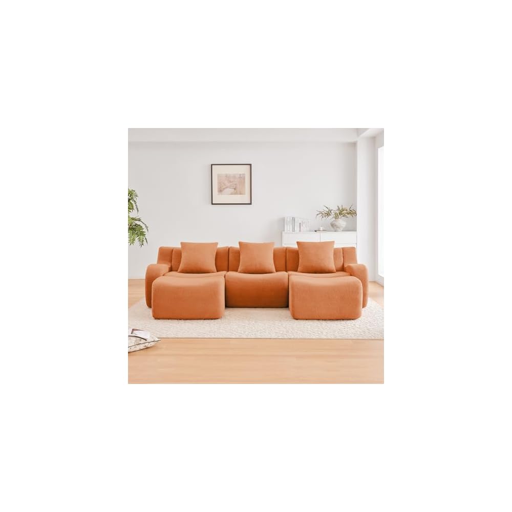 Boneless Cloud Couch Modular Sectional Sofa, U Shaped Couch 3 Seater Comfy Teddy Sofa, Deep Seat Sectional Couches for Living Room, Oversized Floor Couches with Ottoman, No Assembly, Orange