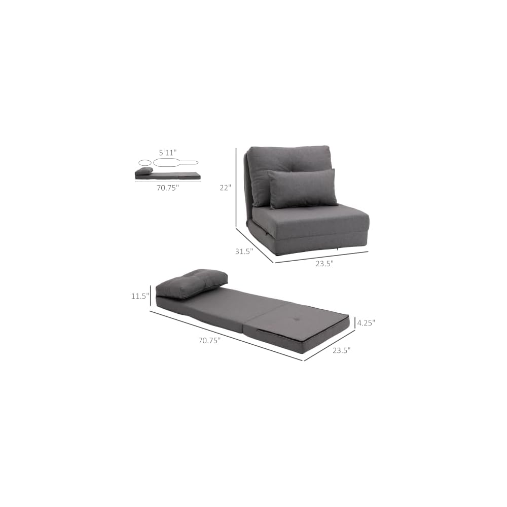 Folding Sofa Bed Convertible Sleeper Chair with Pillow Dark Grey