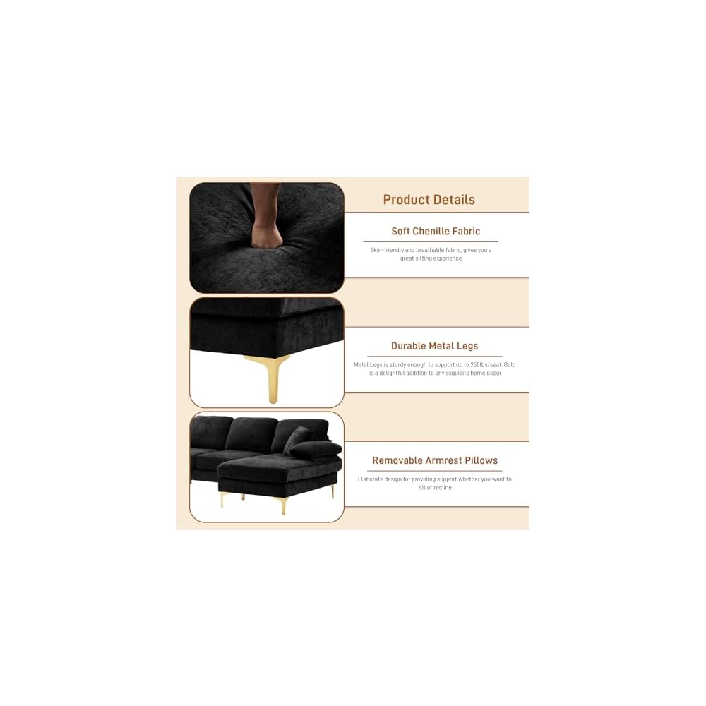 U Shaped Couches for Living Room, Convertible L Shaped Couch with Double Chaise Lounge, Modern Comfy Oversized 4 Seater Couches for Living Room Set, Black