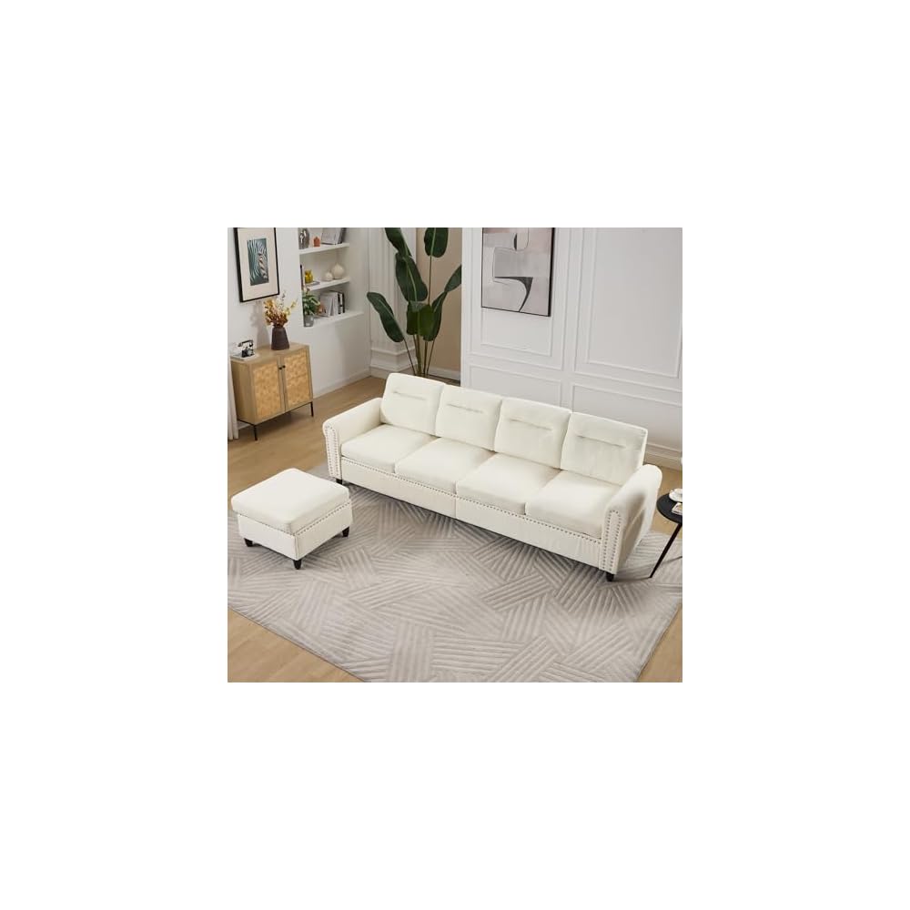 106" L-Shaped Modular Sectional Sofa, 4-Seater, Movable Ottoman, Beige