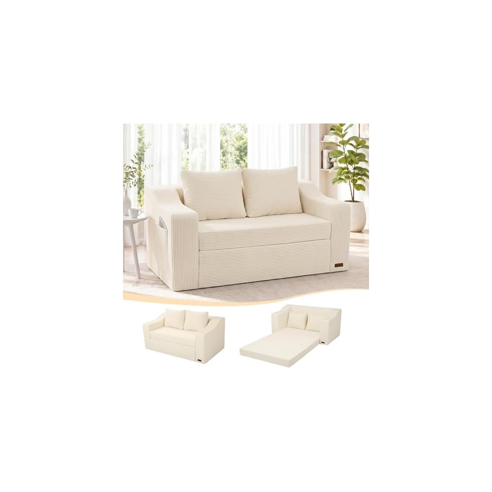 58" Boneless Loveseat Sofa Bed, Corduroy Pull Out, Beige
