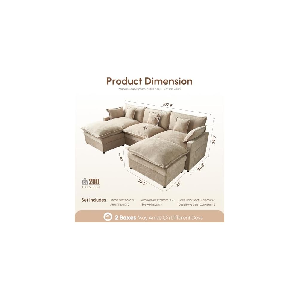108" Oversize Modular Sectional Couch U Shaped with Ottoman For Living Room