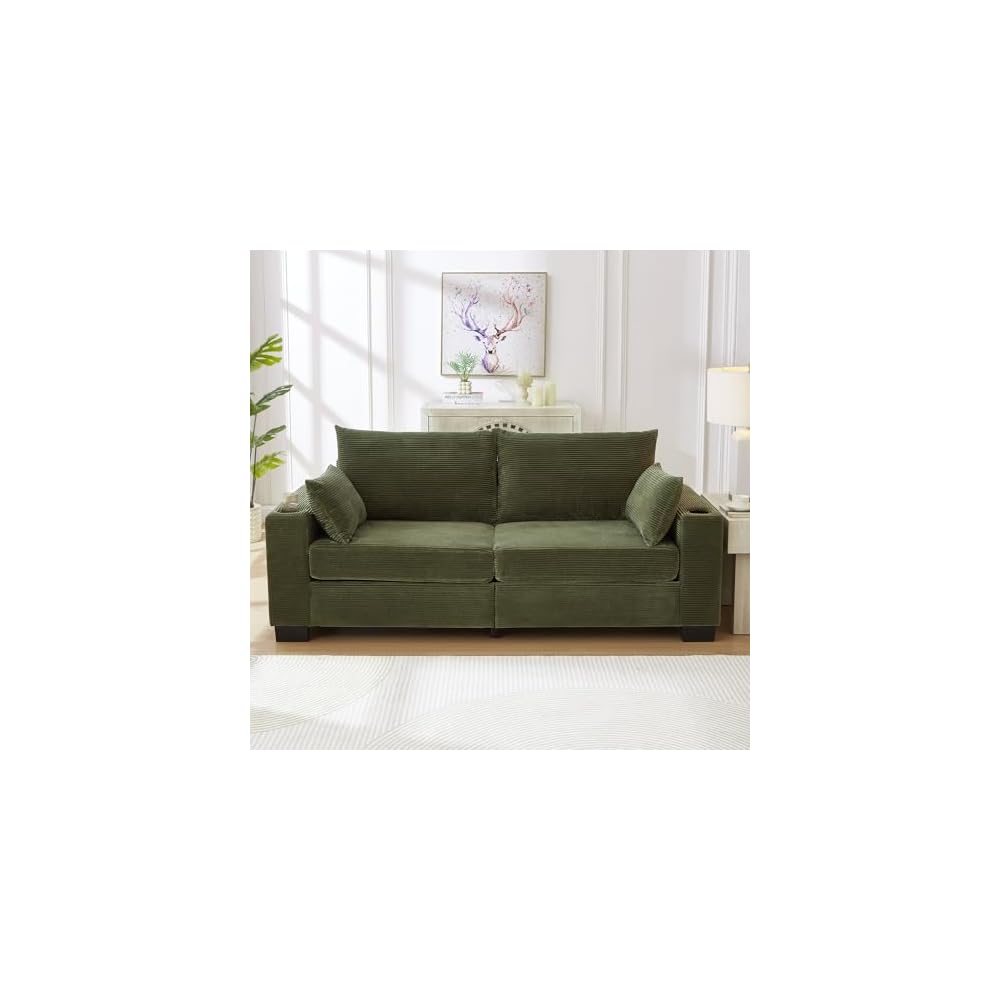 78" Corduroy Small Couches for Living Room, Modern Upholstered Loveseat Sofa with USB & Cup Holders, Side Pocket, Soft Deep 2-Seater Sofa Couch for Living Room Bedroom Office Apartment (Green)