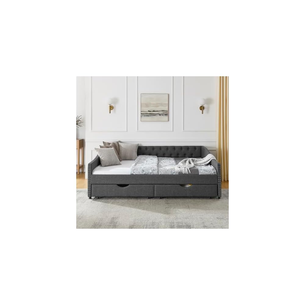 Queen Size Upholstery Daybed with 2 Drawers and Headboard, Mid-Century Style Tufted Sofa Bed with Button on Back, Easy Assembly, No Box Spring Required, for Living Room and Bedroom, Dark Grey