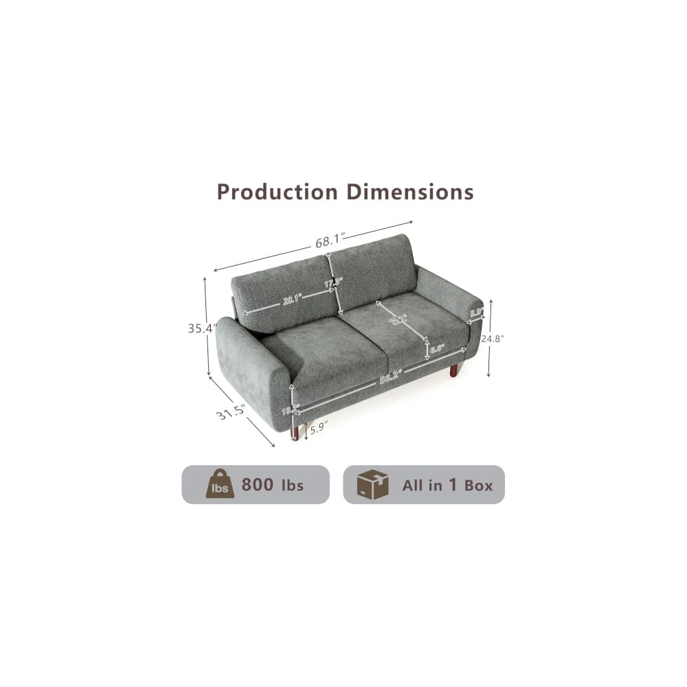 68" Loveseat Sofa, Small Couch for Small Spaces, Mid Century Modern Couch, Comfy Chenille Sofa with Spring Cushion and Wood Frame, Deep Seat Couch for Living Room Bedroom Office, Grey