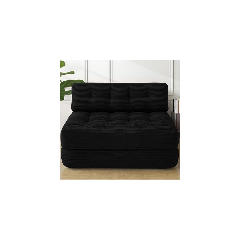 Folding Sofa Bed, Convertible Sleeper Chair with Pillow & Handle, Foldable Mattress Futon Chair Bed Lounge with Back Support, Comfy Floor Sofa for Living Room Bedroom, Black, Full