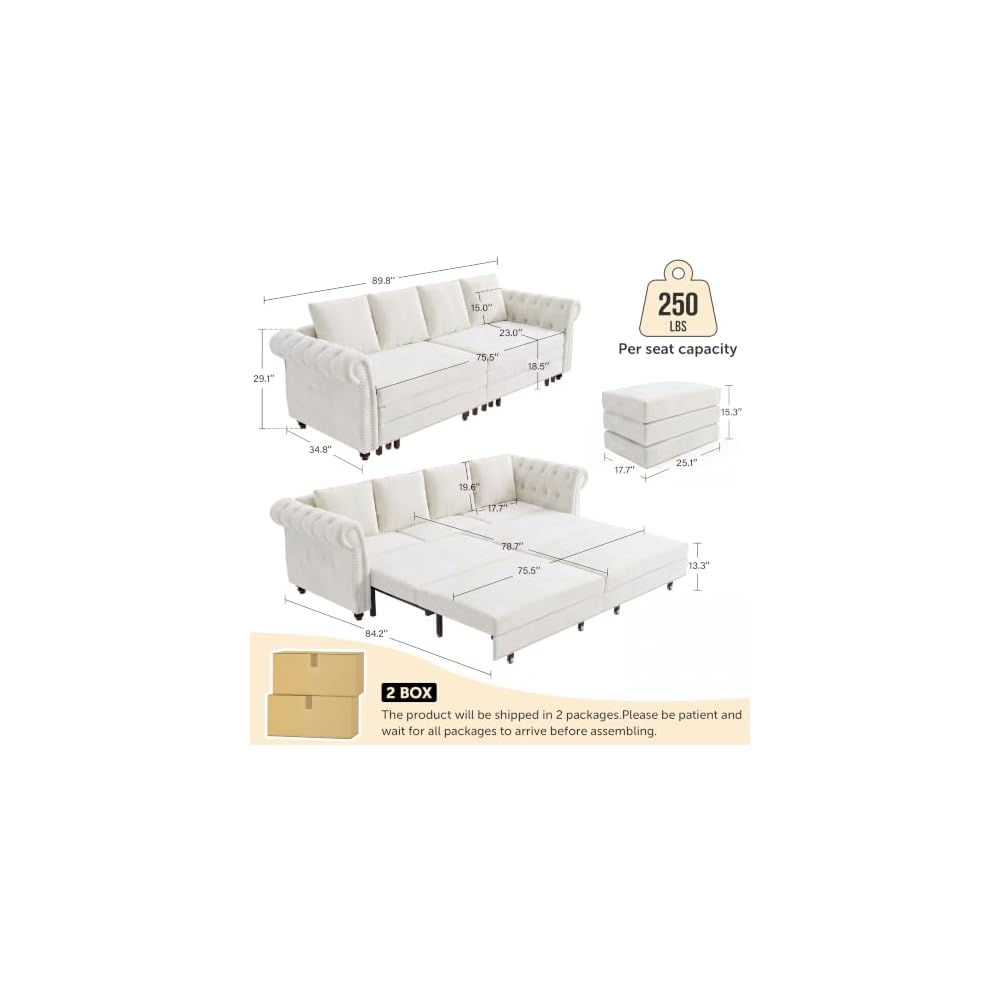 89'' 3-in-1 Pull Out Velvet Chesterfield Convertible Sofa Bed(Beige)