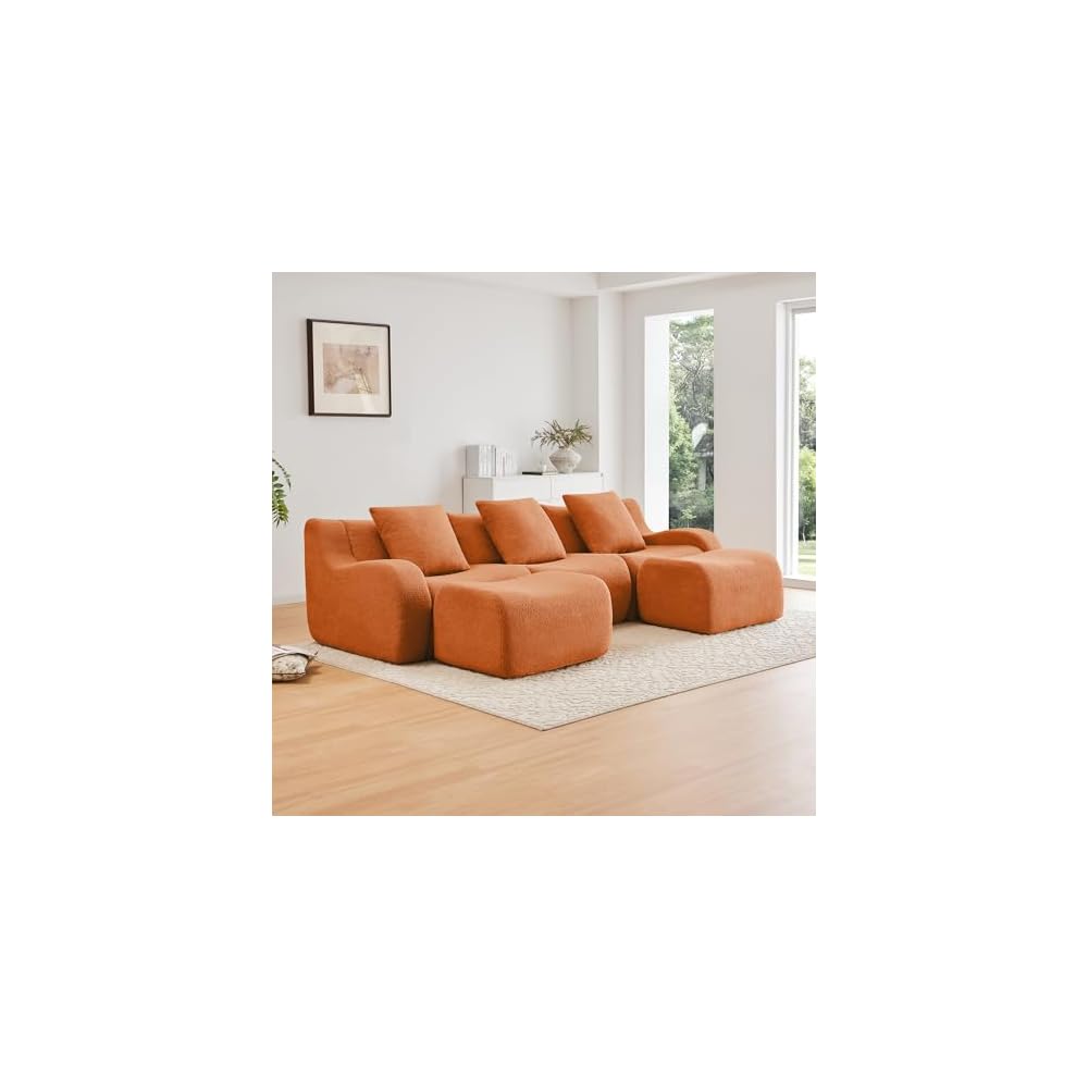 Boneless Cloud Couch Modular Sectional Sofa, U Shaped Couch 3 Seater Comfy Teddy Sofa, Deep Seat Sectional Couches for Living Room, Oversized Floor Couches with Ottoman, No Assembly, Orange