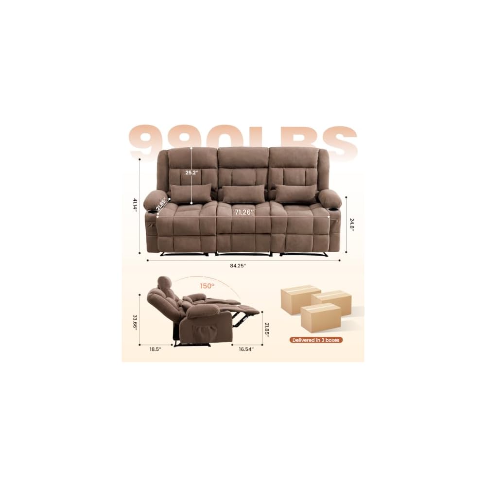 Reclining Sofa with Cup Holders for Living Room 3 Seat Manual Sofa Recliner with Side Pocket