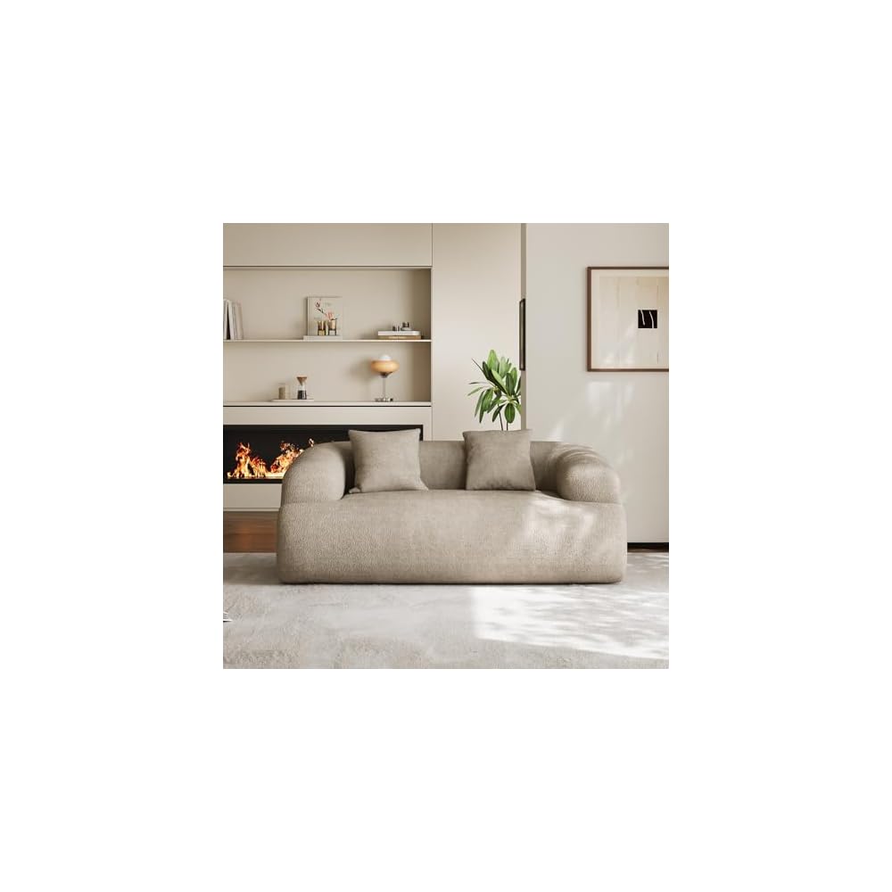 75" Boneless Cloud Loveseat, Modern Cute Curved Chenille Sofa, 2 Seater Compression Couch with 2 Pillows, No Assembly Required for Apartment Living Room, Light Brown