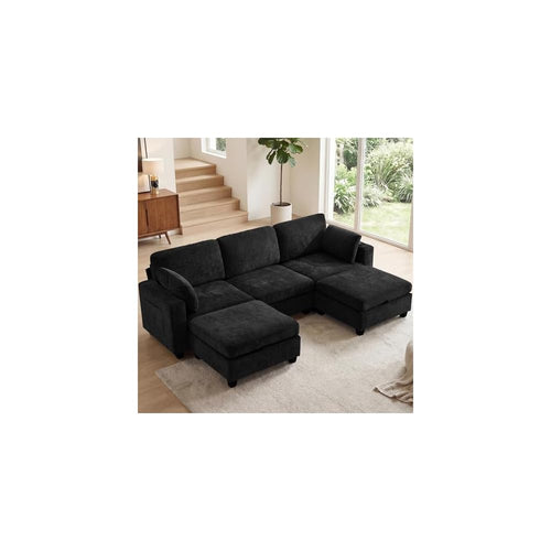 106" Modular Sectional Sofa with Storage, Convertible U Shaped Couch with Movable Ottoman, 5 Seat Modern Chenille Sectional Sofa for Living Room (Black, 106'')