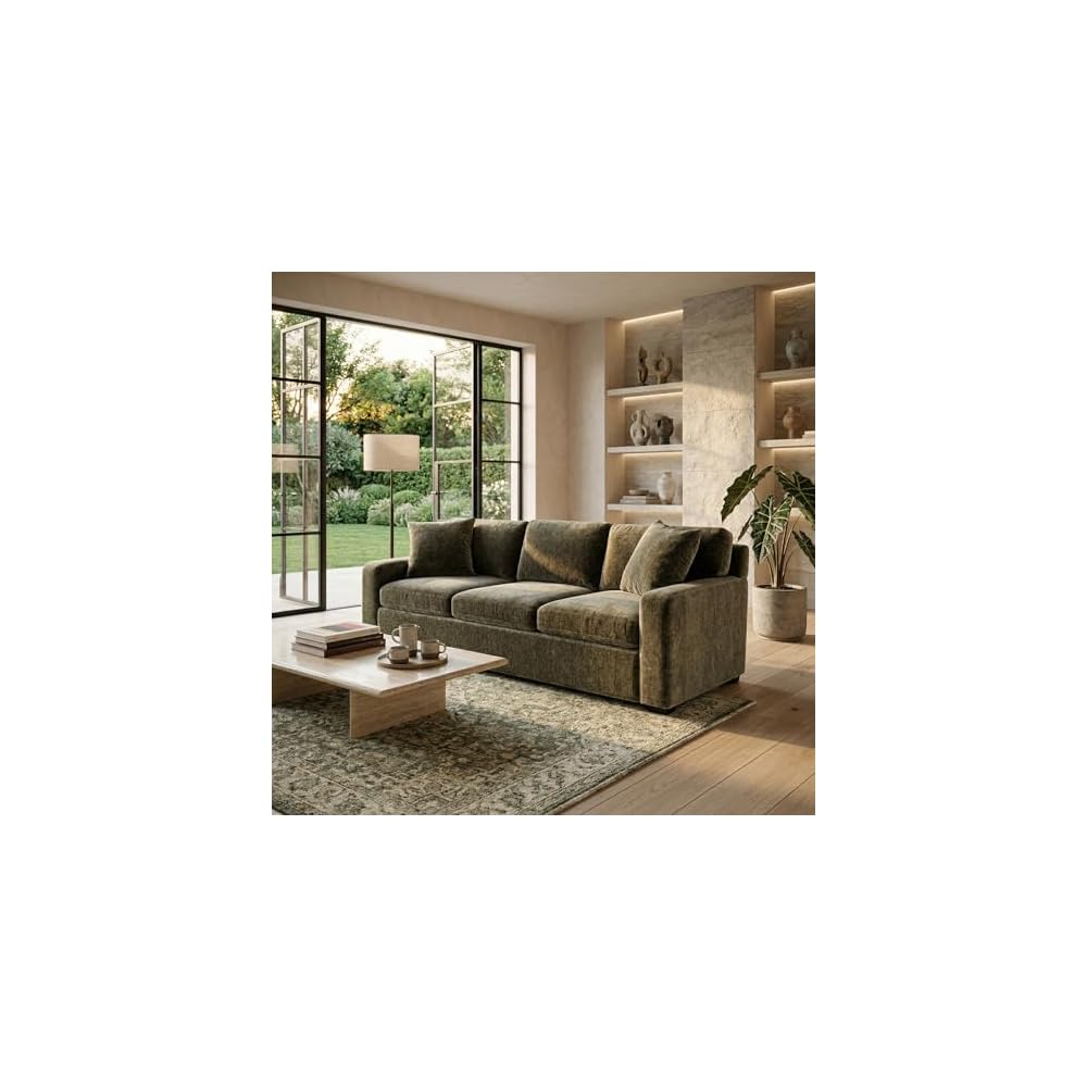 SAFAVIEH Couture - Vasquez 3-Seat Sofa - Dark Green Chenille Upholstery - Ideal for Living Room, Family Room, 92" W x 37.5" D x 34.3" H (SFV6119A)