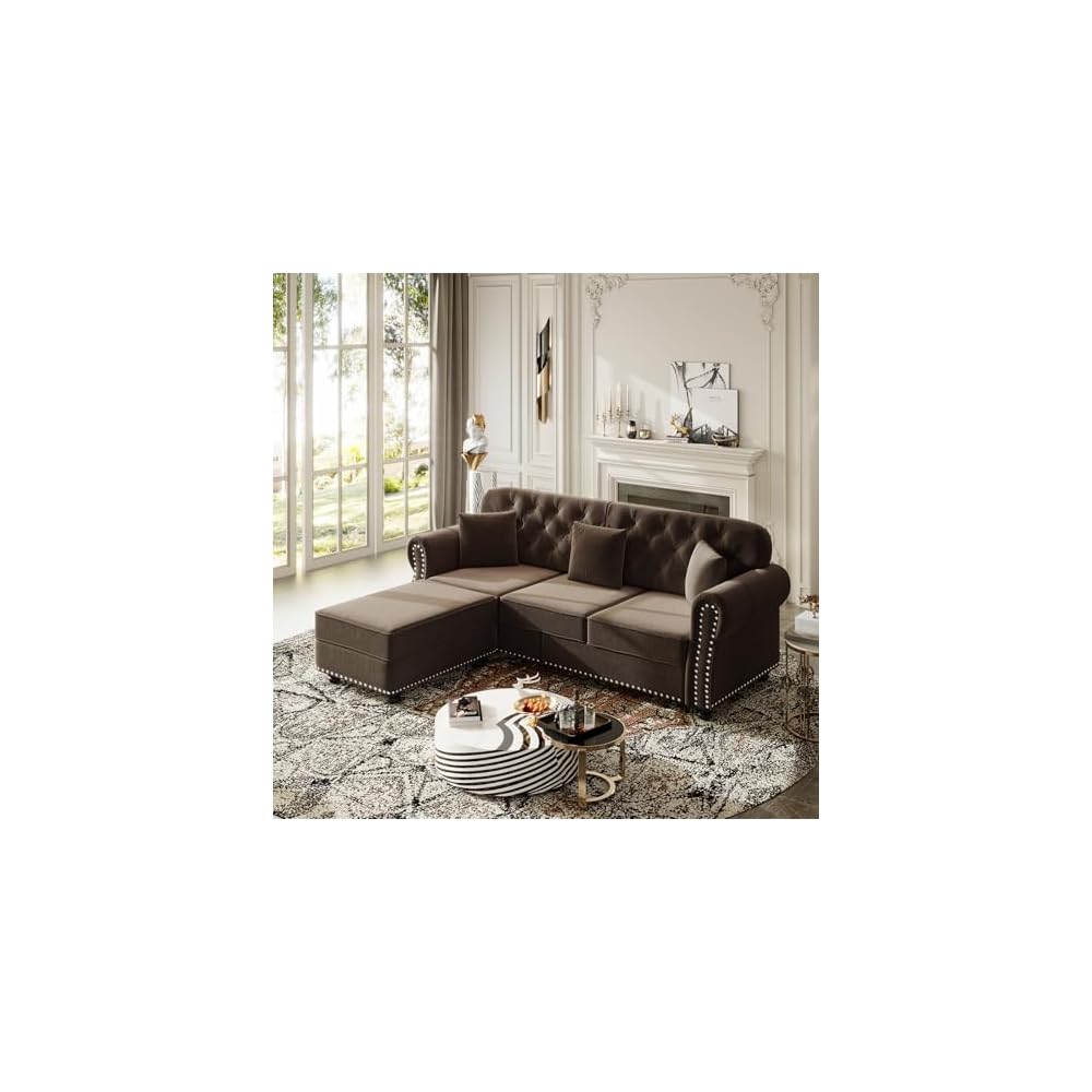 82.6" Deep Seat Chesterfield Sofa with Ottoman, Mid-Century Modern Velvet Couch with Nailhead Trim, Rolled Arm& 3 Pillows, Comfy Tufted Upholstered 3 Seater Love Seat Couches for Living Room (Brown)