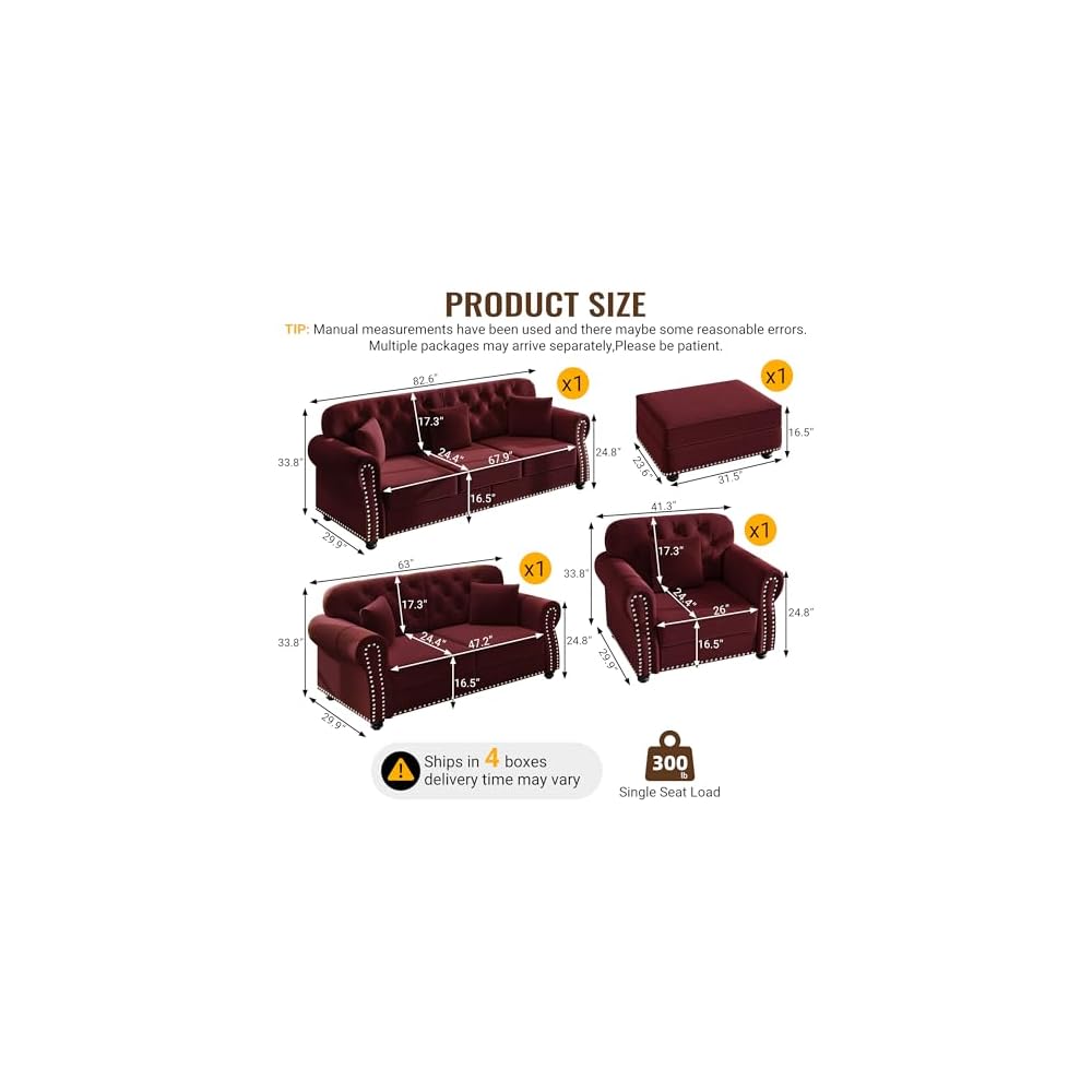 4-Piece Chesterfield Sofa Set, Upholstered Velvet 3-Seater Sofa & Loveseat & Single Sofa & Ottoman with Nailhead Trim, Modern Button Tufted Sectional Couches for Living Room, Burgundy