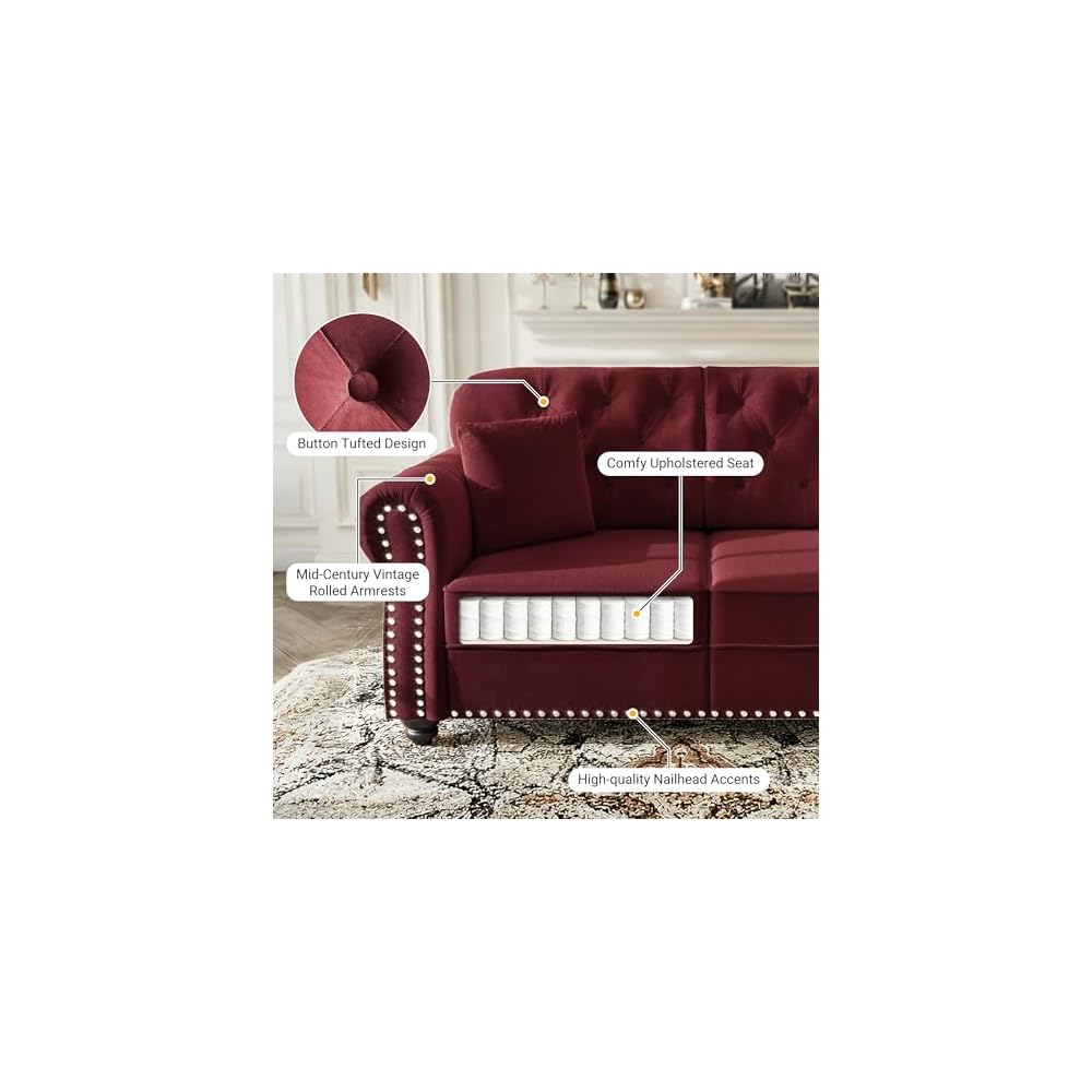 4-Piece Chesterfield Sofa Set, Upholstered Velvet 3-Seater Sofa & Loveseat & Single Sofa & Ottoman with Nailhead Trim, Modern Button Tufted Sectional Couches for Living Room, Burgundy