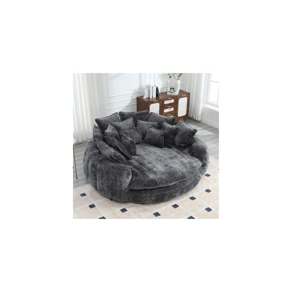 Boneless Round Couch with Deep Seat and 14 Removable Pillows, Oversized Circle Chaise Lounge Chair for 2 Person, Comfy Chenille Loveseat Cloud Couches for Living Room, Dark Grey