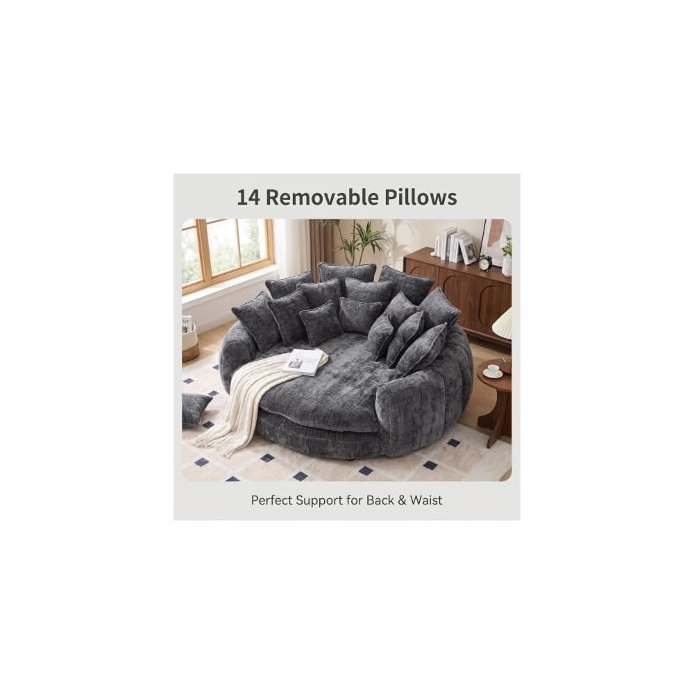 Boneless Round Couch with Deep Seat and 14 Removable Pillows, Oversized Circle Chaise Lounge Chair for 2 Person, Comfy Chenille Loveseat Cloud Couches for Living Room, Dark Grey