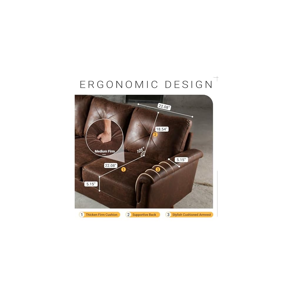 72" Faux Leather Couch Small Sofa Living Room Couch 3 Seater Sofa Modern with Button Tufted Back Cushioned Square Arm for Small Bedroom Apartment,Dark Brown