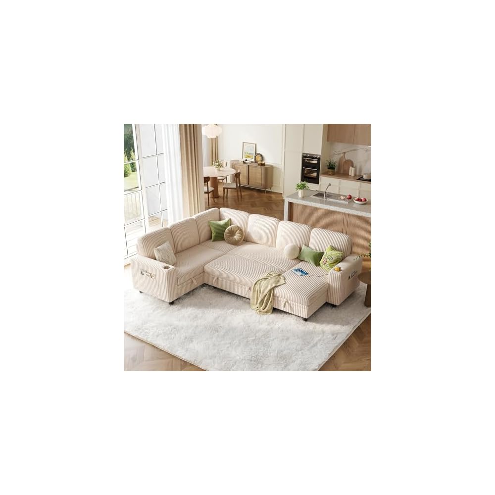 Sectional Sleeper Sofa with Pull Out Couch Bed - Convertible Plush Corduroy Cloud Couch with Storage Chaise & USB Charging, Comfy Modular Couches for Living Room, Beige