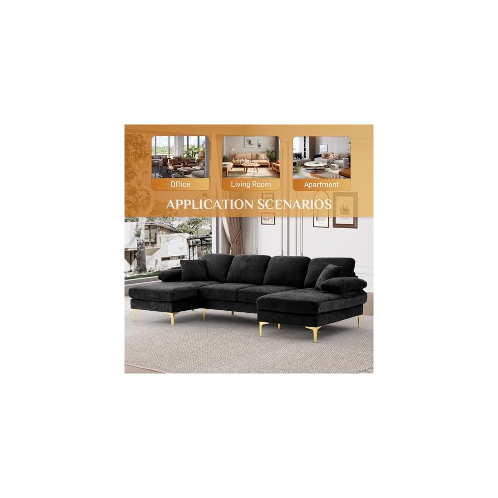 U Shaped Couches for Living Room, Convertible L Shaped Couch with Double Chaise Lounge, Modern Comfy Oversized 4 Seater Couches for Living Room Set, Black