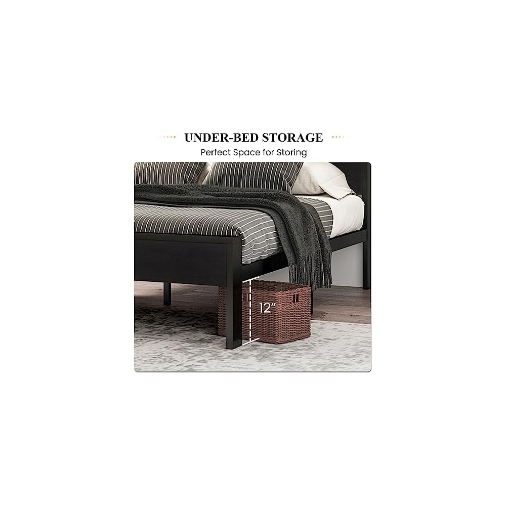 14 Inch Queen Size Metal Platform Bed Frame with Wooden Headboard and Footboard, Mattress Foundation, No Box Spring Needed, Large Under Bed Storage, Non-Slip Without Noise, Black Oak