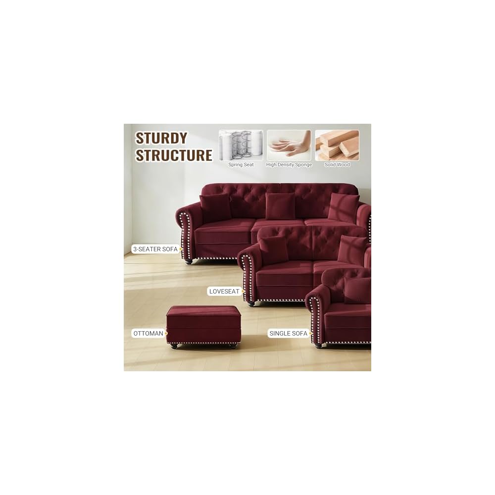 4-Piece Chesterfield Sofa Set, Upholstered Velvet 3-Seater Sofa & Loveseat & Single Sofa & Ottoman with Nailhead Trim, Modern Button Tufted Sectional Couches for Living Room, Burgundy