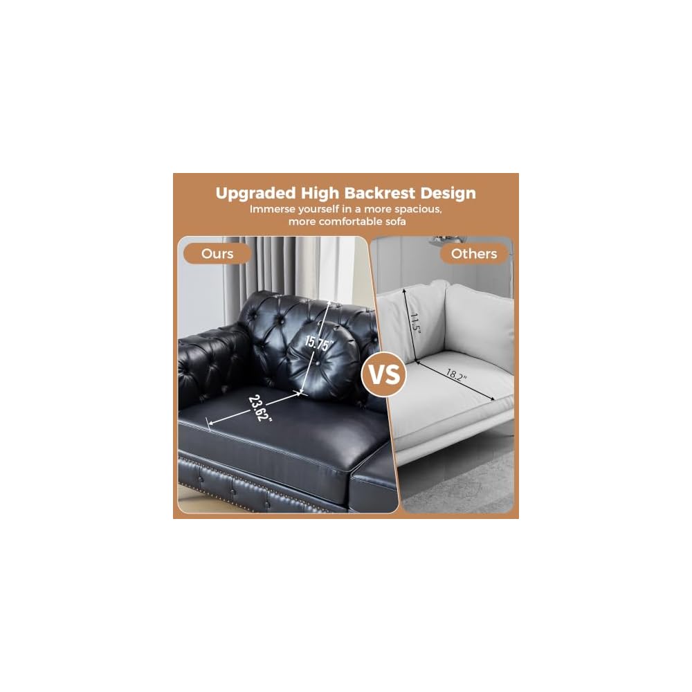 39.4" and 82.7" Faux Leather Couch Set, Mid-Century Comfy Leather Sofas for Living Room, Modern Sofa Set for Office Living Room Apartment Bedroom (Black)