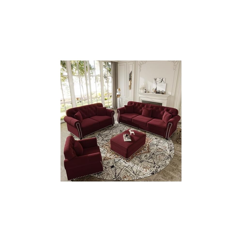4-Piece Chesterfield Sofa Set, Upholstered Velvet 3-Seater Sofa & Loveseat & Single Sofa & Ottoman with Nailhead Trim, Modern Button Tufted Sectional Couches for Living Room, Burgundy
