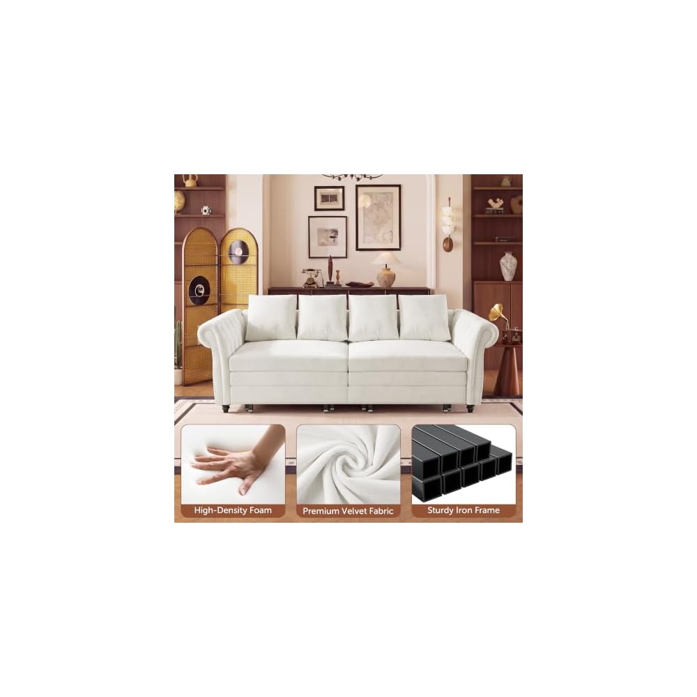 89'' 3-in-1 Pull Out Velvet Chesterfield Convertible Sofa Bed(Beige)