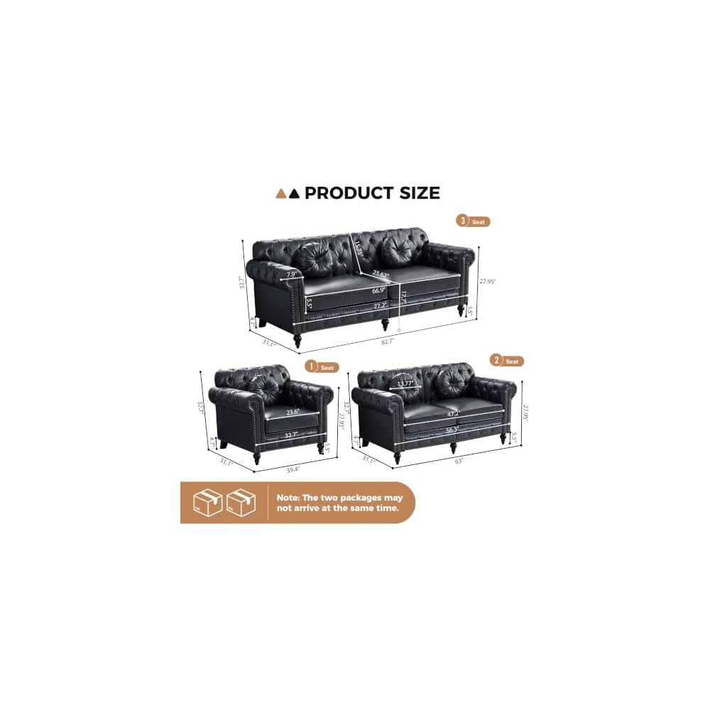 39.4" and 82.7" Faux Leather Couch Set, Mid-Century Comfy Leather Sofas for Living Room, Modern Sofa Set for Office Living Room Apartment Bedroom (Black)