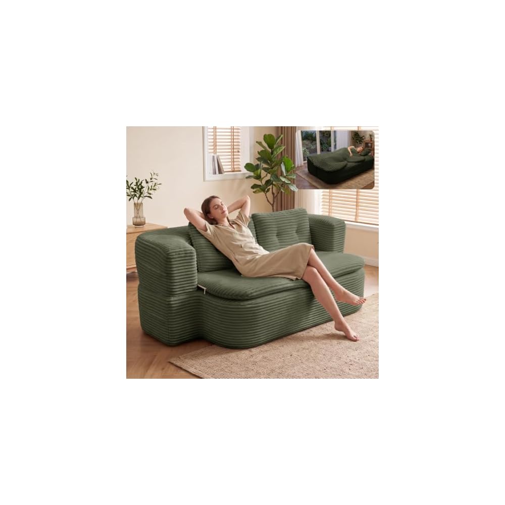 78" Full-Size Boneless Couch, 2-in-1 Convertible Sofa（Green）